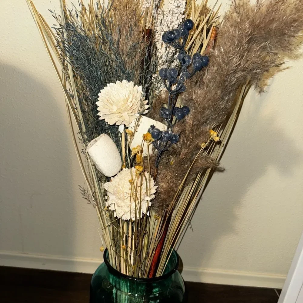 Stunning Dried Floral Arrangement in Blue- Green Glass Vase handmade in Spain